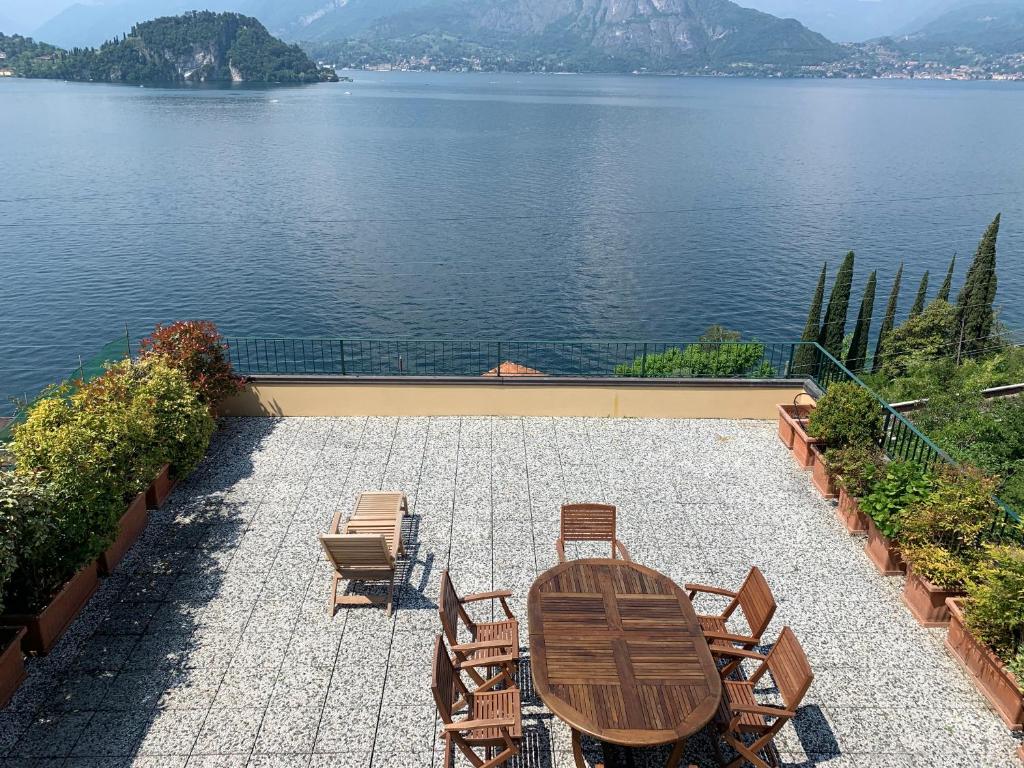 The private terrace seen from above with Lake Como directly beyond it